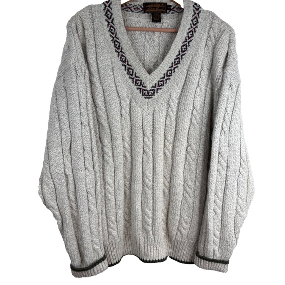 VTG Eddie Bauer Cable Knit Sweater M Oatmeal V Neck Chunky Cotton Tennis Cottage - Picture 10 of 10